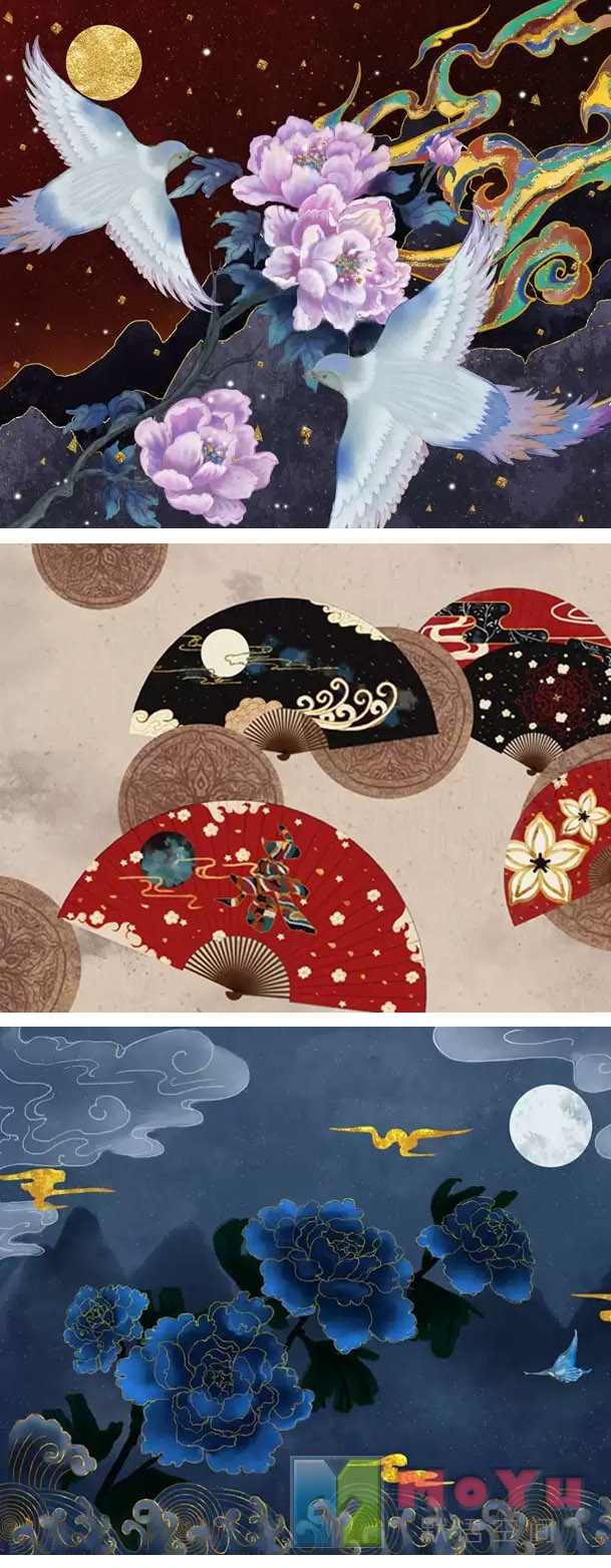 鎏金国潮复古金线烫金中国山水壁画仙鹤仙鹤装饰画设计素材PSD【PS素材】-默语空间